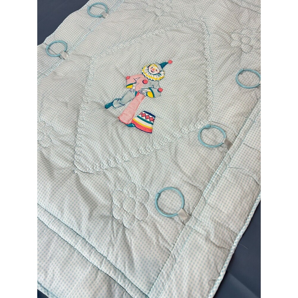 Vintage NOS Kozee Komfort Blue Gingham Clown Baby Quilt Blanket 35" X 47" - Picture 15 of 16